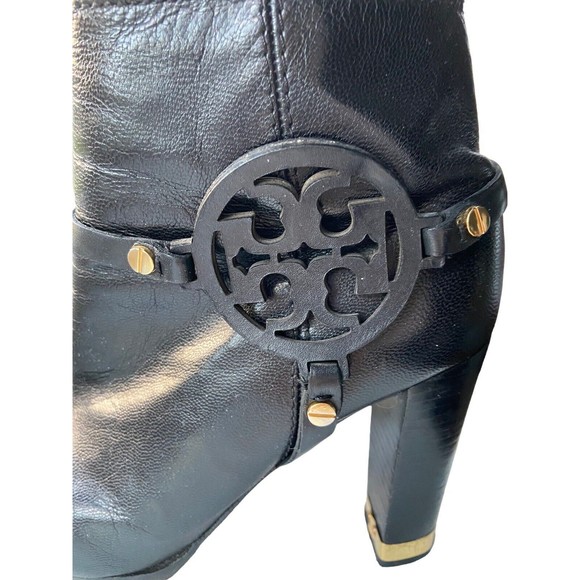 Tory Burch Women Whitney Leather Ankle Boots Size 6 Black Block Heel Gold Accent - Picture 2 of 12